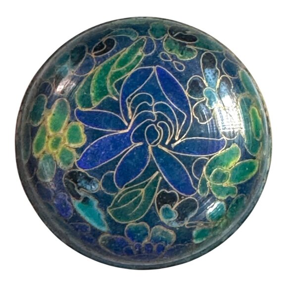 Vintage Cloisonné Round Trinket Box Antique Floral Design Blue & Green Enamel - Picture 8 of 8